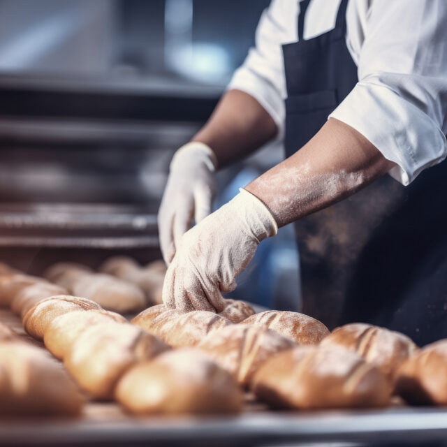 In einer Bäckerei richtet eine Person mit Handschuhen frisch gebackene Brote auf einem Arbeitstisch an.