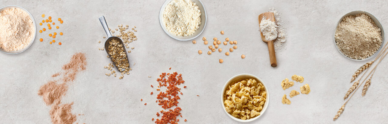 Verschiedene Mehlsorten, Getreide und Hülsenfrüchte in Schalen und lose auf heller Oberfläche