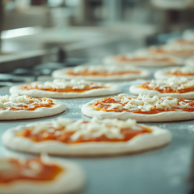 Moderne Lebensmittelproduktionsanlage mit automatisierter Pizza-Fertigungsstraße und industriellen Backanlagen.
