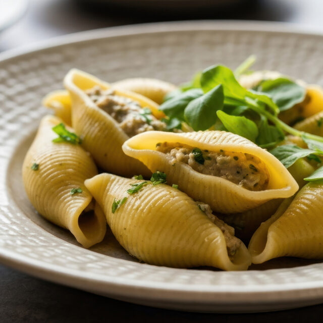 Gefüllte Muschelnudeln, auf einem Teller, garniert mit Spinat
