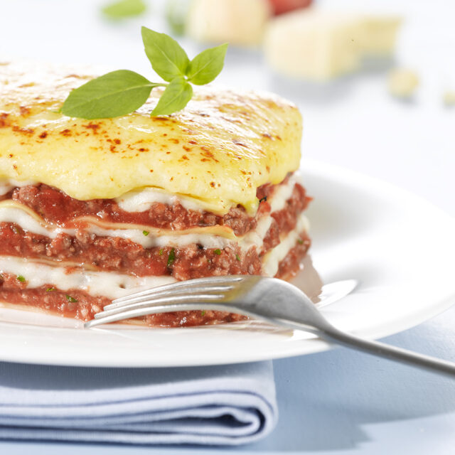 Purafarin Lasagne auf einem Teller mit einer Gabel