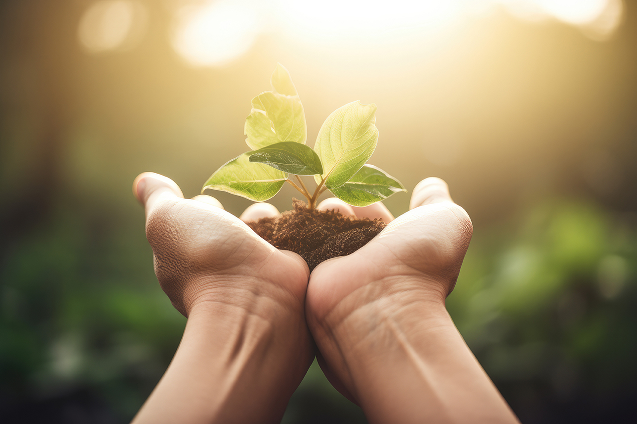 Hände, die Erde mit Pflanze halten